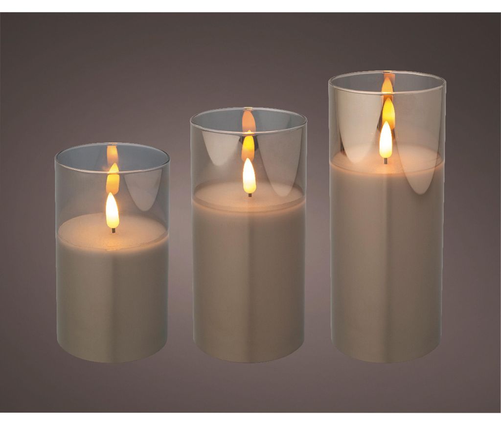 Lumineo Luxus-LED-Kerzen - in Glas - 3x Stuck - grau