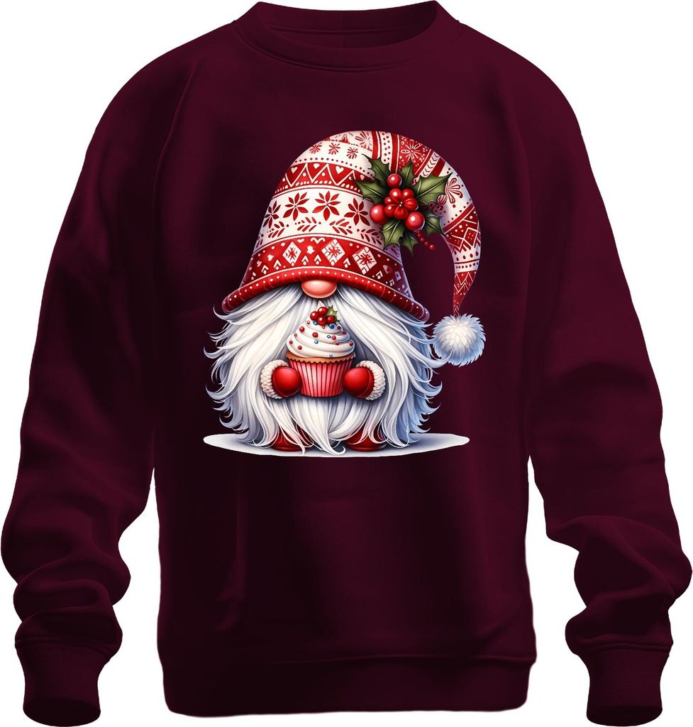 Weihnachten Gnom mit Cupcake Weihnachtsmütze Wichtel Weihnachtszwerg Uni Sweatshirt Pullover, Burgundy, XL