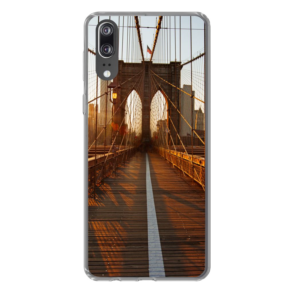 MuchoWow Handyhülle Schutzhülle Hülle für Huawei P20 Brooklyn Bridge in New York bei Sonnenuntergang Silikon Softcase Handy Hülle - Hardcover