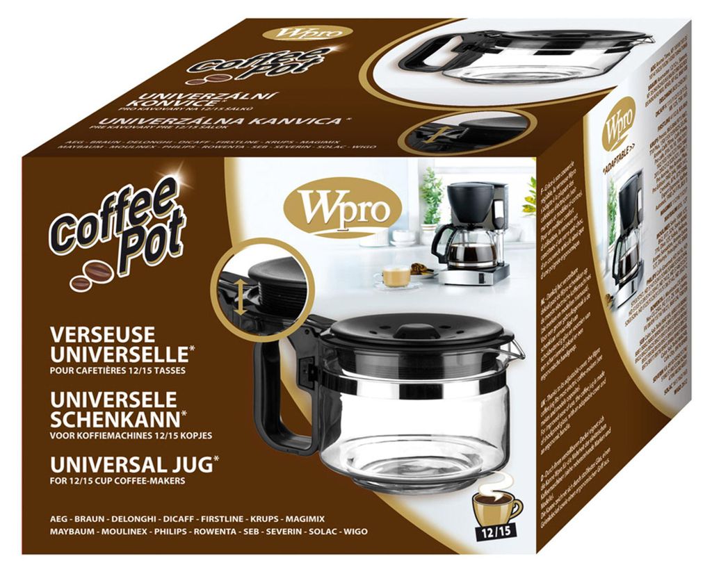 The image shows the packaging for a "Coffee Pot Universal Jug" by Wpro. The packaging includes images of the jug and a coffee maker.