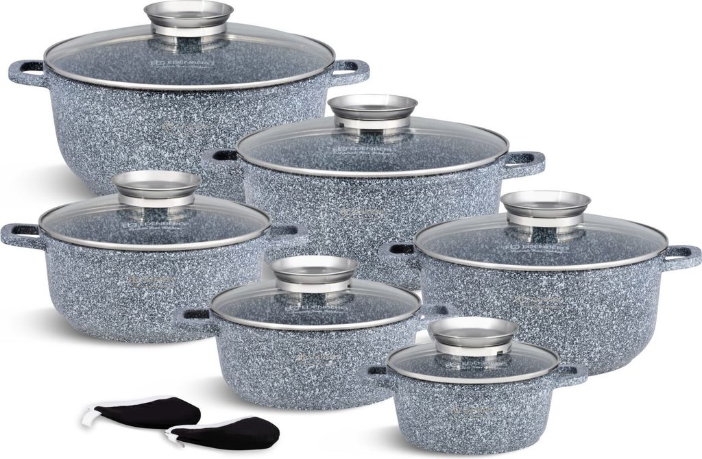 Graues Topfset 12tlg Topf Kompotttopf Suppentopf Kochtopf Keramik Marmor Induktionstöpfe GLASDECKEL (1.3L / 2.3L / 3.3L / 4.5L / 6.8L)