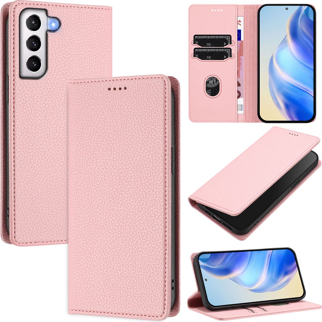 Litchi Leder Handyhülle für Samsung Galaxy S21 5G Wallet Kartenfächer Standfunktion Hülle Pink