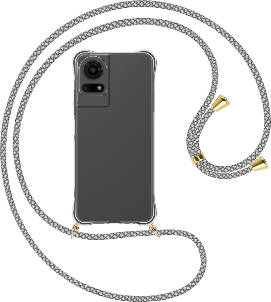 Handykette Backcover-Schutzhülle mit Band (Metall goldfarben) für TCL 50 EL 4G - weiß/grau kariert
