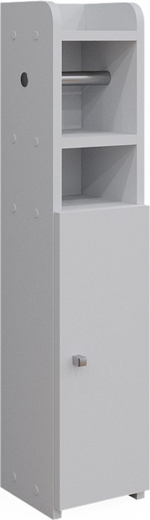 A white toilet paper cabinet with a door and shelves.