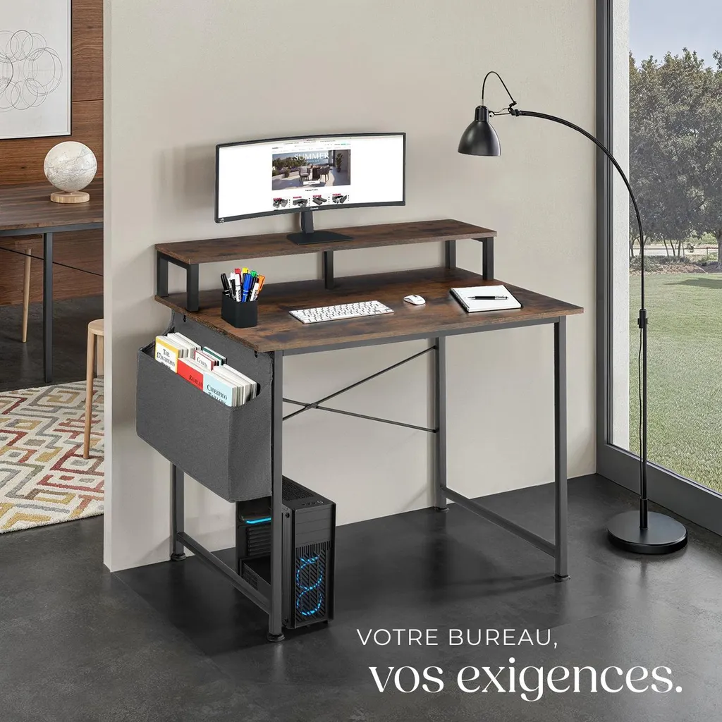 Bureau informatique avec rangement et poche latérale 120 cm bois rustique