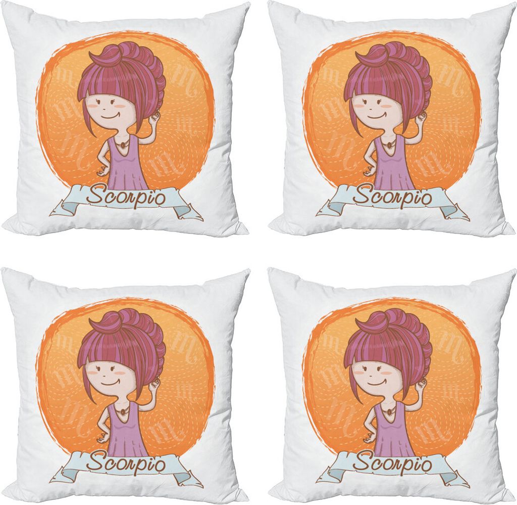 ABAKUHAUS Sternzeichen Skorpion Kissenbezug Set (4 Stück), Cartoon Kind-Mädchen, Moderner Doppelseitiger Digitaldruck, 50 cm x 50 cm, Mehrfarbig