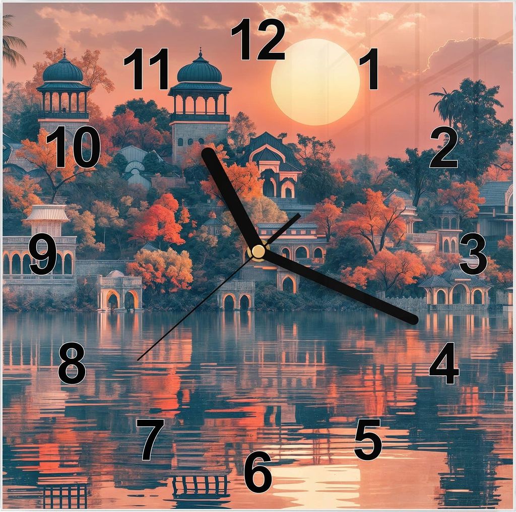 Wanduhr aus Glas mit Motiv Sonnenuntergangspalast- 30 x 30 cm - inkl. Aufhängesystem