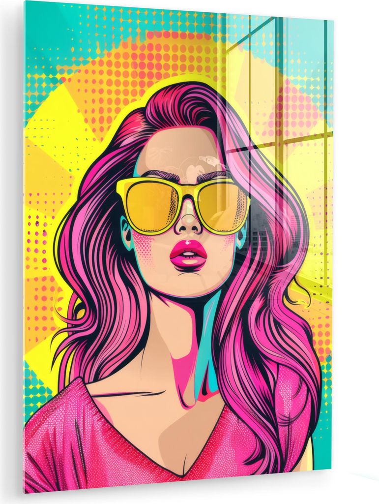 MuchoWow Glasbilder - Bilder auf Wandbild - Foto auf Glas Sonnenbrille - Frau - Sonnig - Gelb 60x80 cm Wanddekoration aus Glas - Acrylglasbild - Ac...