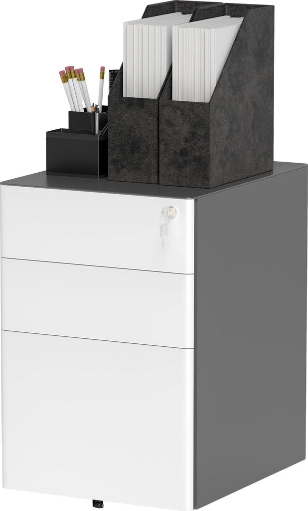 Vinsetto Aktenschrank, Rollcontainer, 3 Schubladen & Hängeregister, Schloss, Stahlgehäuse, 39x48x59 cm, Weiß+Grau
