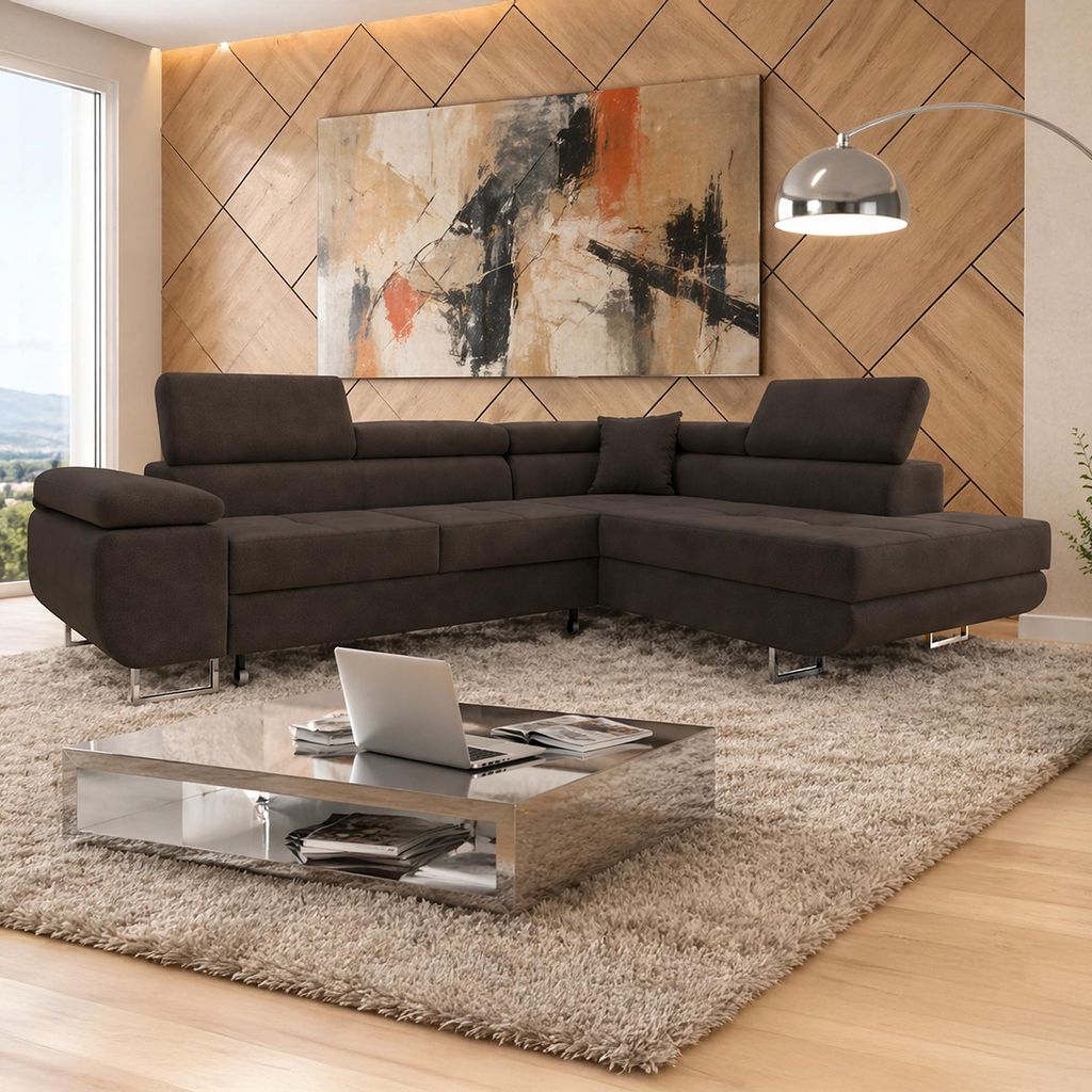 Wohnlandschaft Ecksofa Braun Samt Ottomane Rechts mit Bettfunktion und Bettkasten – Modernes Design trifft auf maximalen Komfort