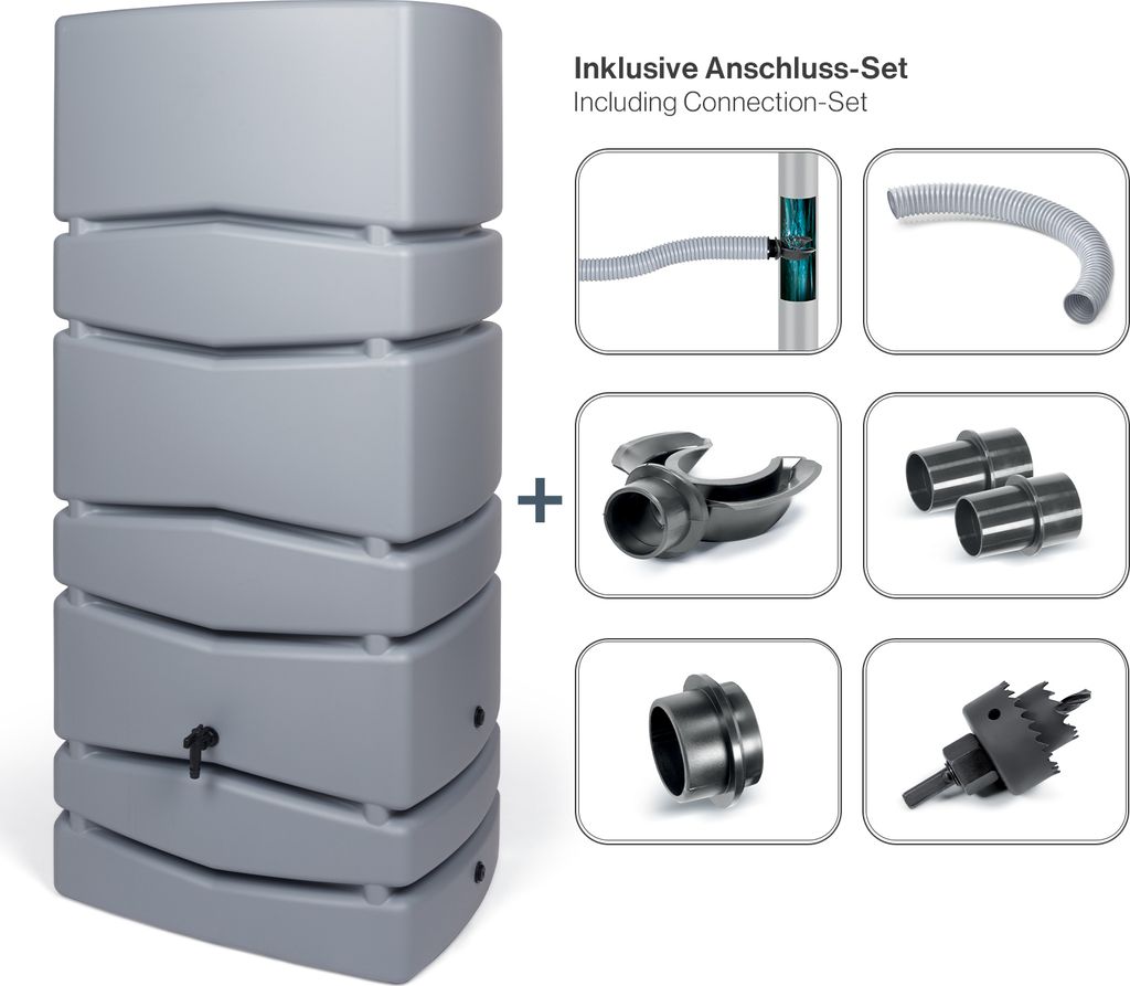 XXL Wassertonne Aqua Tower mit Wasserhahn und Füllautomat. Tolle, dezente Optik in Grau, 650 Liter Nutzungsvolumen.
