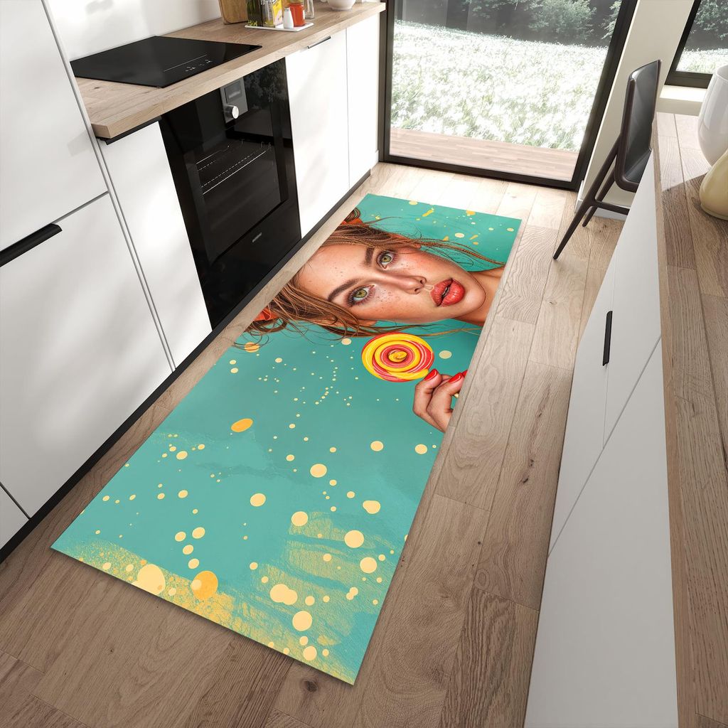 Küchenteppich 90x240cm rutschfest & abwischbar PVC Läufer - Frau Mit Lollipop
