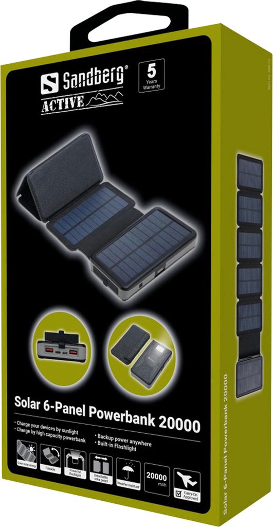 The image shows the packaging of a Sandberg Solar 6-Panel Powerbank 20000.