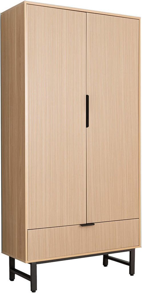 A full-shot image of a modern, light wood wardrobe with a single black handle on the right door and a drawer at the bottom, set against a white background.