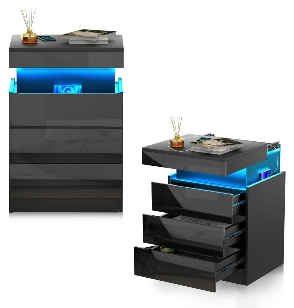Nachttisch - Nachtkommode - Mit Ladestation - LED-Beleuchtung - Schiebbare Deckplatte - Schubladen - Holz - Modernes Design - Schwarz