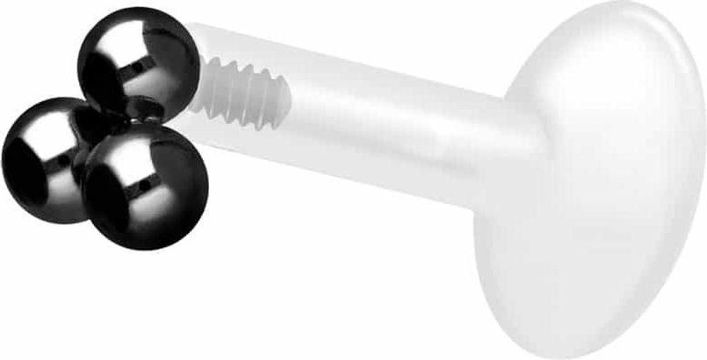 Ohrpiercing, Nasenpiercing PTFE Labret mit Innengewinde + Titan-Aufsatz 3 KUGELN Schwarz Stablänge: 6mm | Stabstärke: 1,6mm