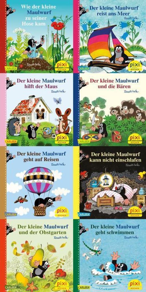 A collage of eight children's book covers featuring the character 'Der kleine Maulwurf' (The Little Mole).