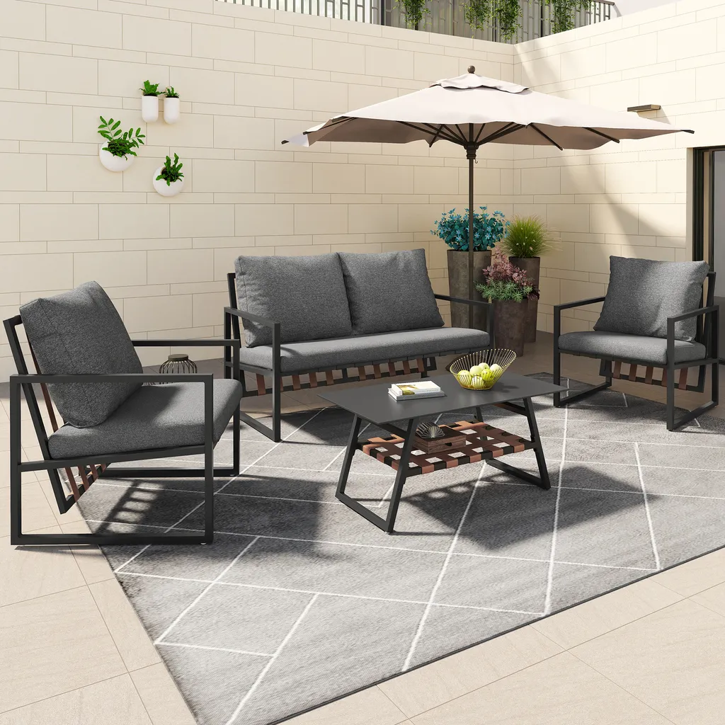Mobilier de Jardin Noir 4 Places avec Coussins Déhoussables et Lavables