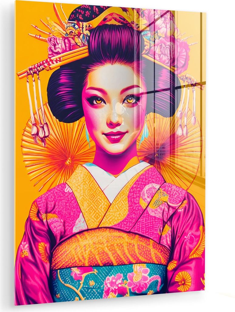 MuchoWow Glasbilder - Bilder auf Wandbild - Foto auf Glas Blumen - Frau - Kimono - Rosa 60x80 cm Wanddekoration aus Glas - Acrylglasbild - Acrylbil...