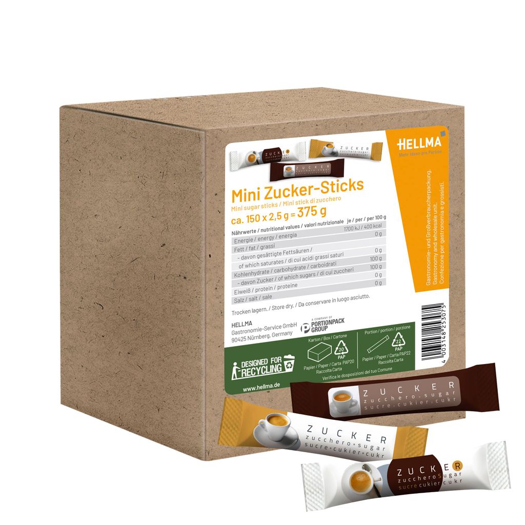 Hellma Mini Zuckersticks 150 x 2,5g Portionszucker, im nachhaltigen Karton