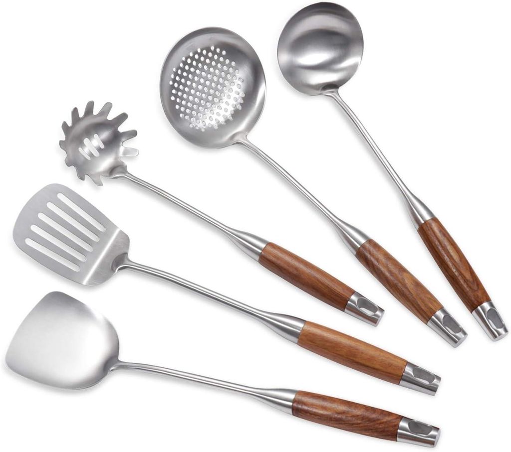 5-teiliges Küchenhelfer-Set aus Edelstahl mit Pfannenwender und Schaumlöffel für Pasta, Wok, Schöpfkelle, Holzgriff, spülmaschinenfest