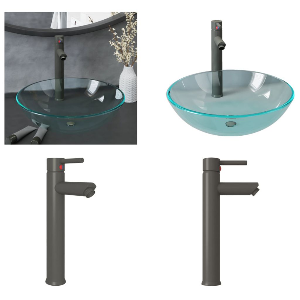 vidaXL Waschbecken mit Wasserhahn und Ablaufgarnitur aus gehärtetem Klarglas - Waschbecken - Spülbecken - Waschtisch - Gehärtetes Glas