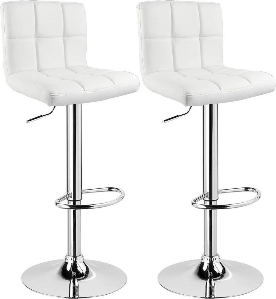 Two white bar stools on a white background.