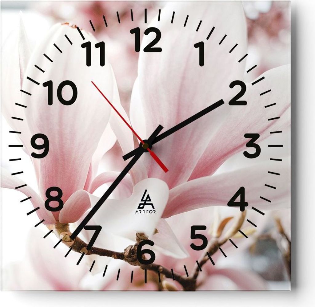 Wanduhr - Quadrat - Glasuhr - Zweig Magnolie Blume - 30x30cm - Schleichendes Uhrwerk - Lautlos - zum Aufhängen bereit - Dekoration Modern - Wandde...