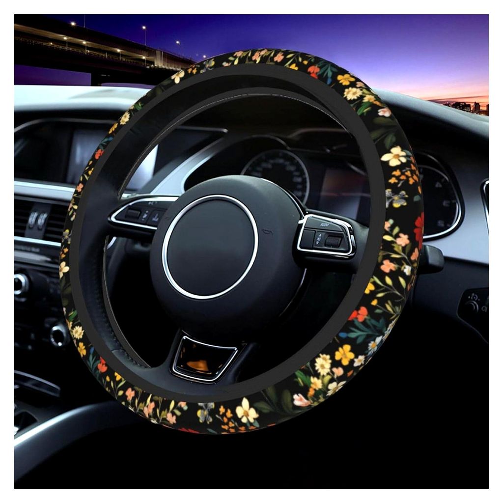 Wildflowers Boho Lenkradbezüge Universal Auto Lenkradhülle Anti-Rutsch Lenkrad Schutzhülle Dekorative Autozubehör passend für die meisten Auto...
