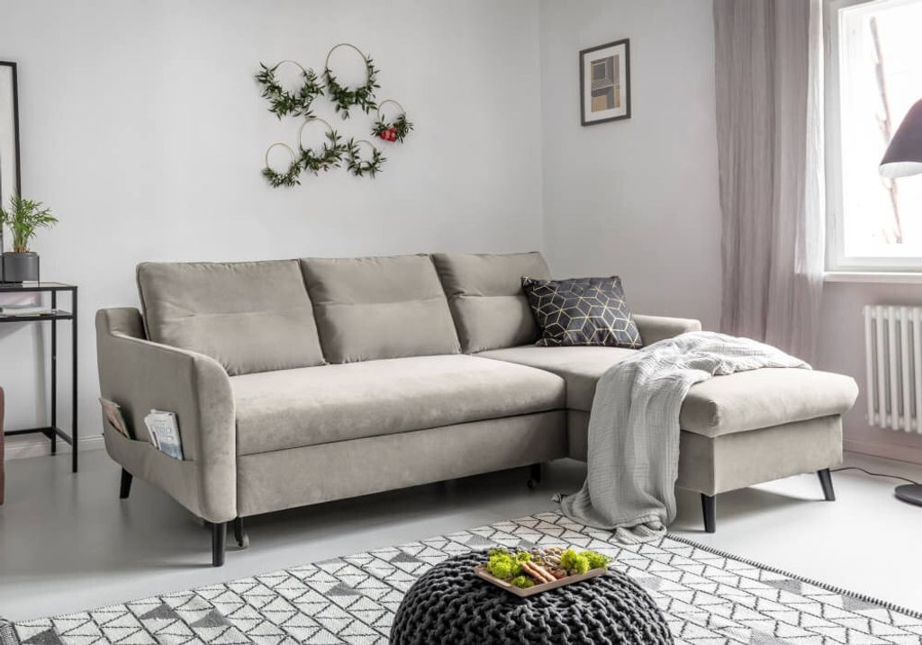 MIUFORM Stylish Stan Velours - Ecksofa mit Bettfunktion - 224x148cm - Beige - L-Form Rechts - Schlafsofa Couch