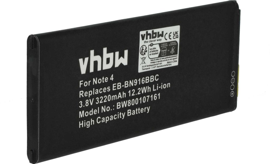 vhbw Akku kompatibel mit Samsung Galaxy Note 4, SM-N910FQ, SM-N910FD, SM-N910C, SM-N910A, SM-N910G Handy Smartphone Telefon (3220 mAh, 3,85 V, Li-Ion)