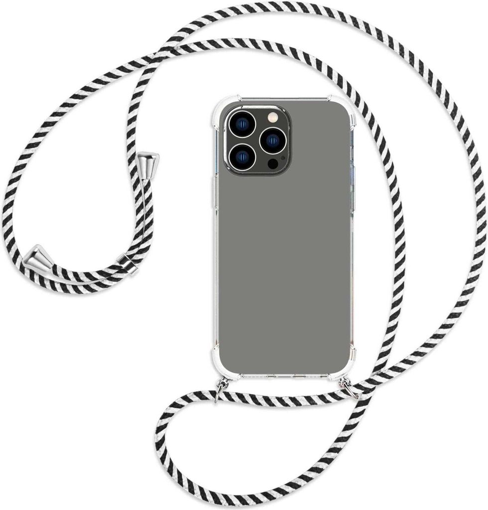 Handykette Backcover-Schutzhülle mit Band (Metall silberfarben) für Apple iPhone 14 Pro Max (6.7'') - schwarz/weiß gestreift