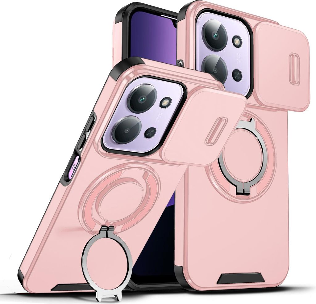 Handyhülle für Xiaomi Redmi 15C 4G Dual-Layer Stoßfest Militär Hülle mit Dia Kameraschutz und Magnetisch Ring Ständer Pink