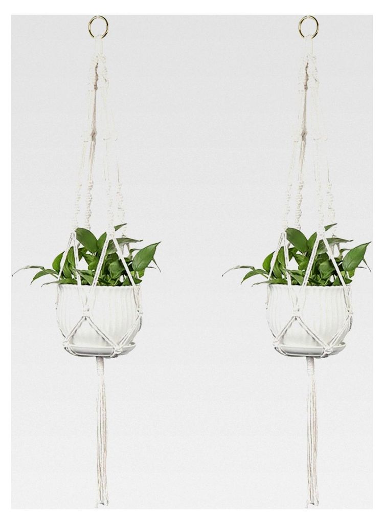 2 Stück Makramee Blumenampel Hängend Innen aus Baumwollseil mit Quasten in Beige für Pflanzen