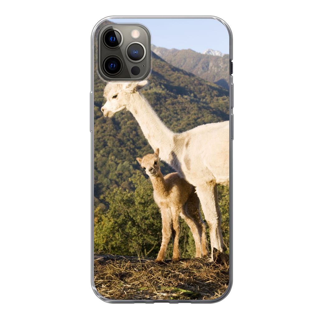 MuchoWow Handyhülle Schutzhülle Hülle für iPhone 13 Pro Max Alpakas - Berge - Natur Silikon Softcase Handy Hülle - Mobiltelefon