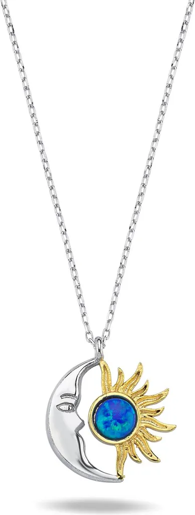 Collier Soleil Lune Argent 925 Rhodié et Opale Bleue pour Femme