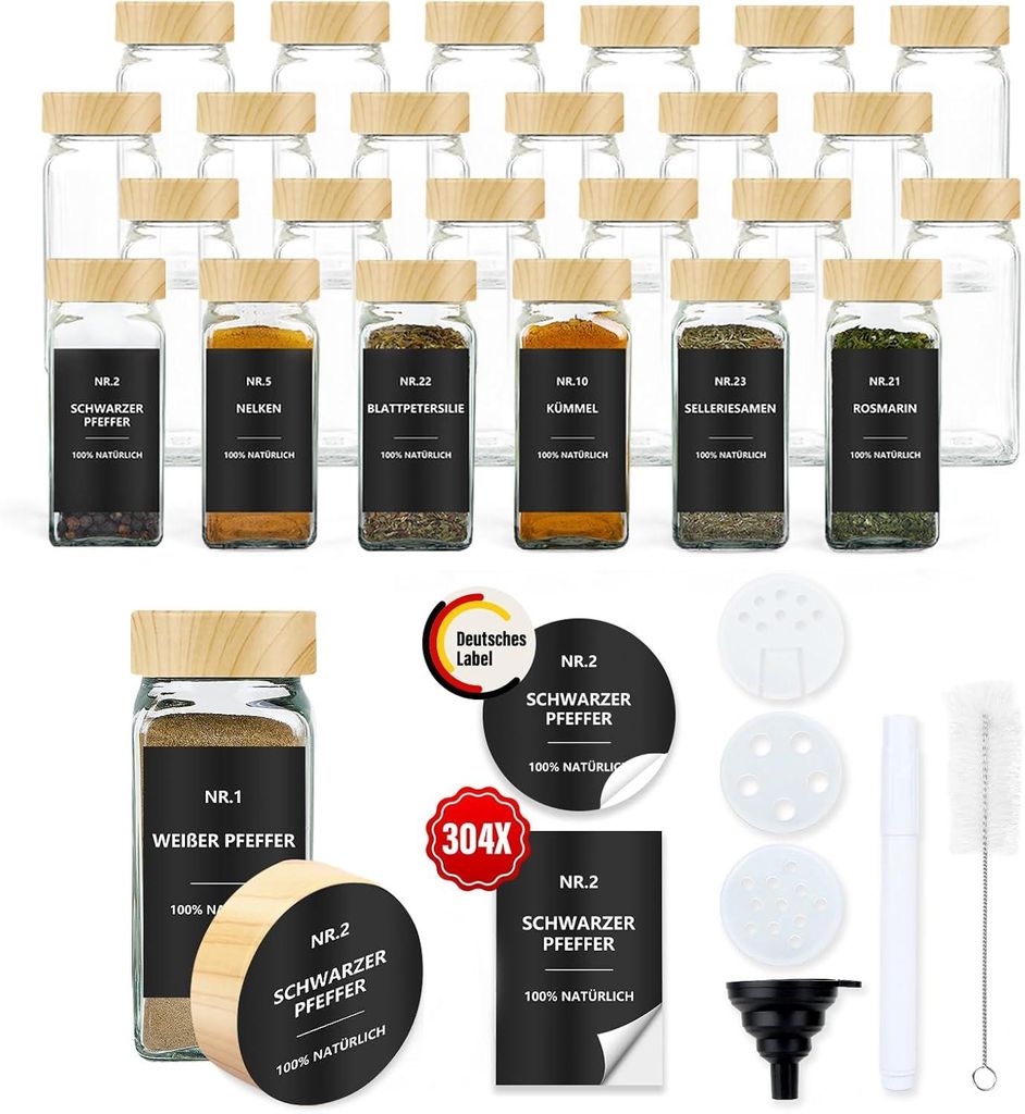 24er-Set Gewürzgläser Set, Glas Gewürzdosen mit Holzoptik Deckel, Etiketten, luftdicht, Küche