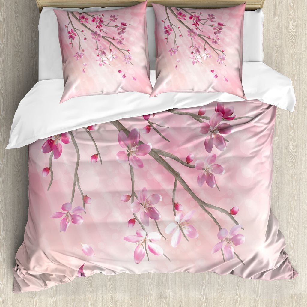 ABAKUHAUS Natur Bettbezug, Baum-Zweig mit Blumen, Milbensicher Allergiker geeignet mit Kissenbezügen, 200 cm x 200 cm - 80 x 80 cm, Pink Fuchsie