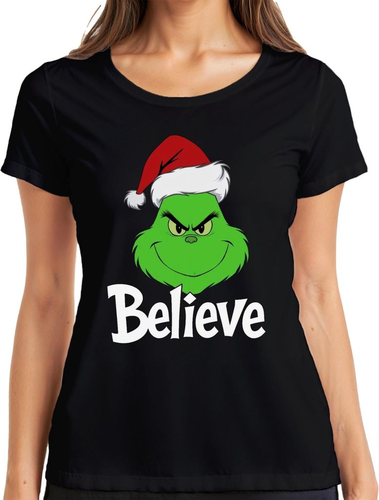Believe Grinch Weihnachten Lustig Weihnachtsgeschenk Familie Damen T-Shirt, Schwarz, XL