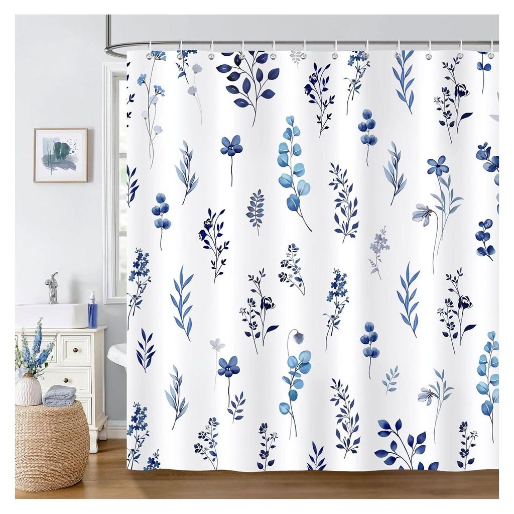 Duschvorhang Blau mit Blumen und Blättern, 180 x 180 cm, Wasserdicht und Anti-Schimmel, Waschbar, mit 12 Haken