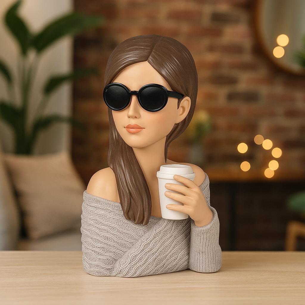 Deko Büste Dame mit Kaffeebecher und Sonnenbrille H. 25cm Produktbild 