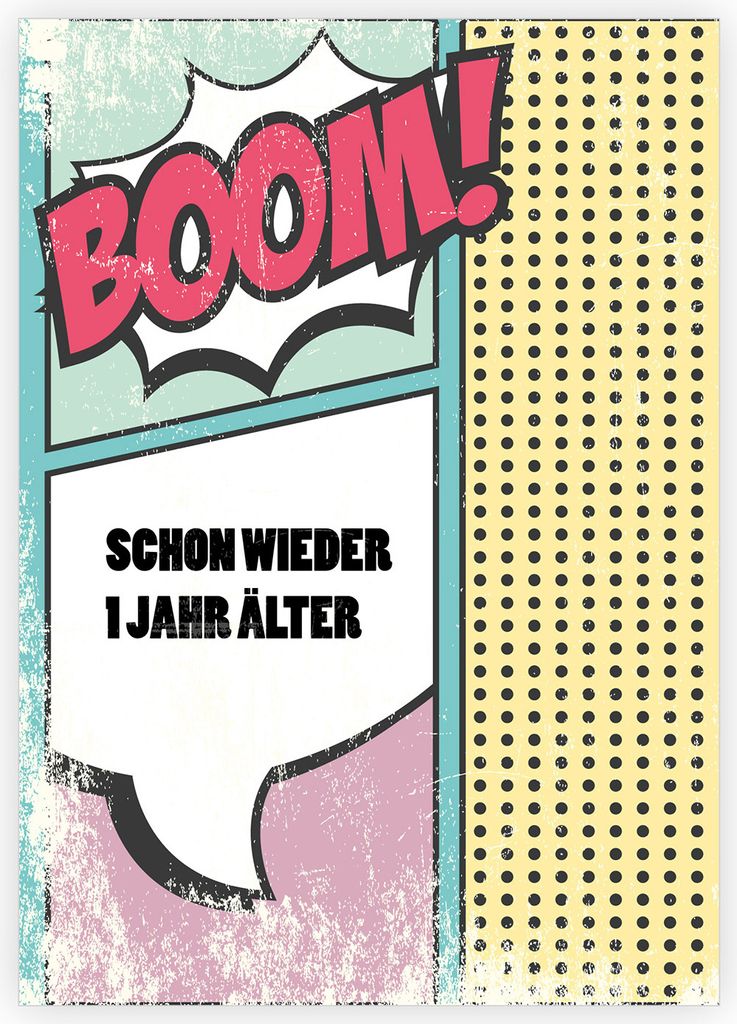 Freche retro Pop Art Geburtstags Grußkarte: Boom - schon wieder 1 Jahr älter