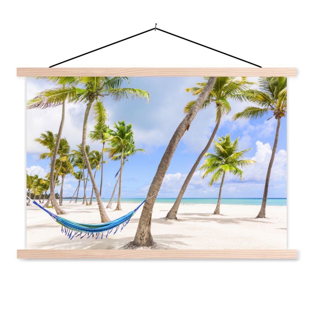 MuchoWow Textilposter Hängematte - Strand - Palmen 120x80 cm mit holzfarbenen Rahmen - Aufhängeset