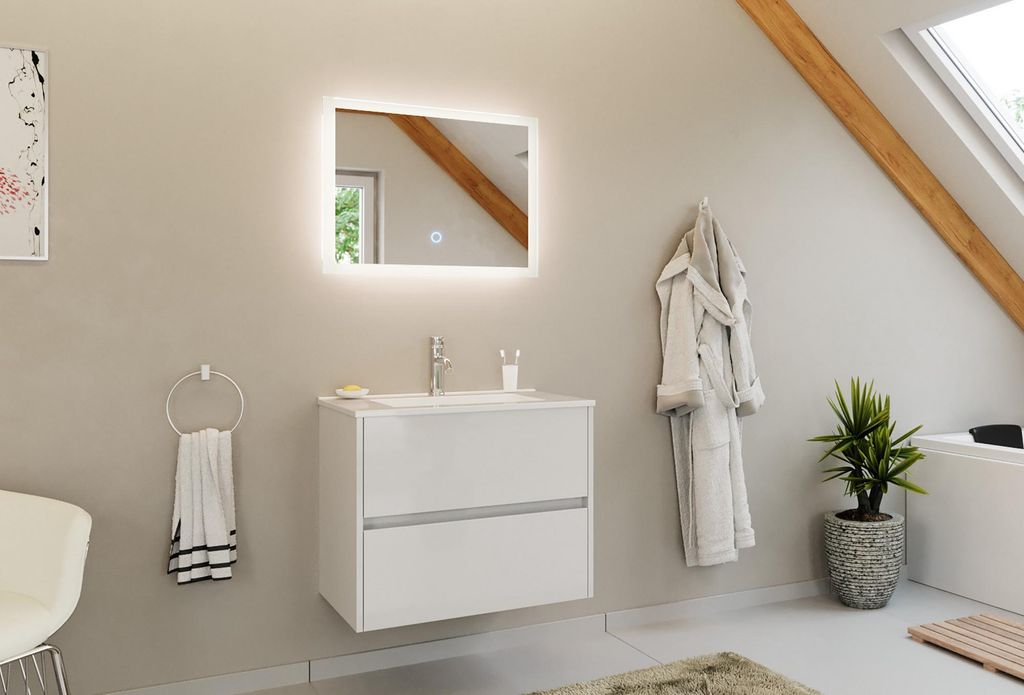 Badmöbelset 2-teilig "Limes 70" Waschtisch&LED Spiegel Weiß Hochglanz