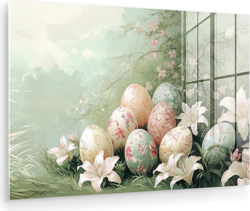 MuchoWow Glasbilder - Bilder auf Wandbild - Foto auf Glas Ostereier - Pastelltöne - Blumen 120x80 cm Wanddekoration aus Glas - Acrylglasbild - Acr...