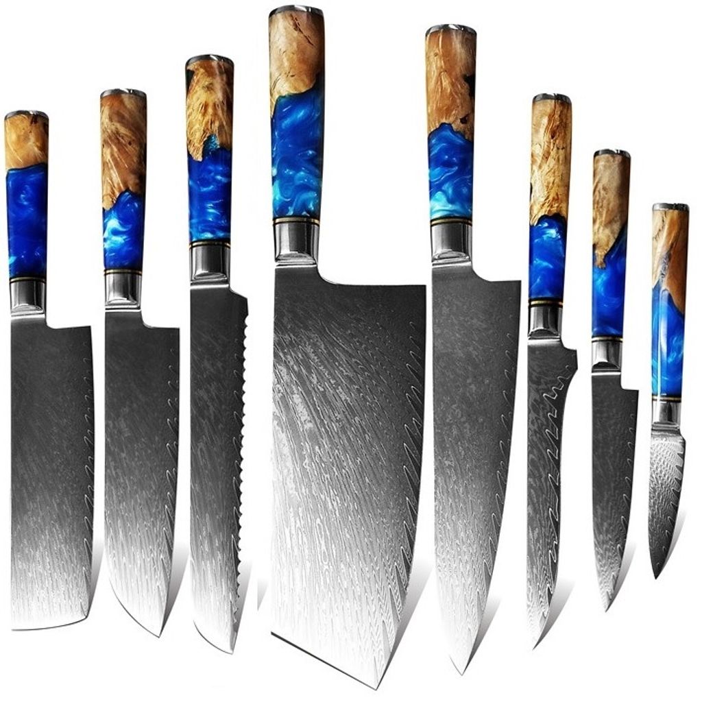 Japan Damast Küchenmesser Set - 8 Stück in Blau | Exquisite Schärfe KP20164