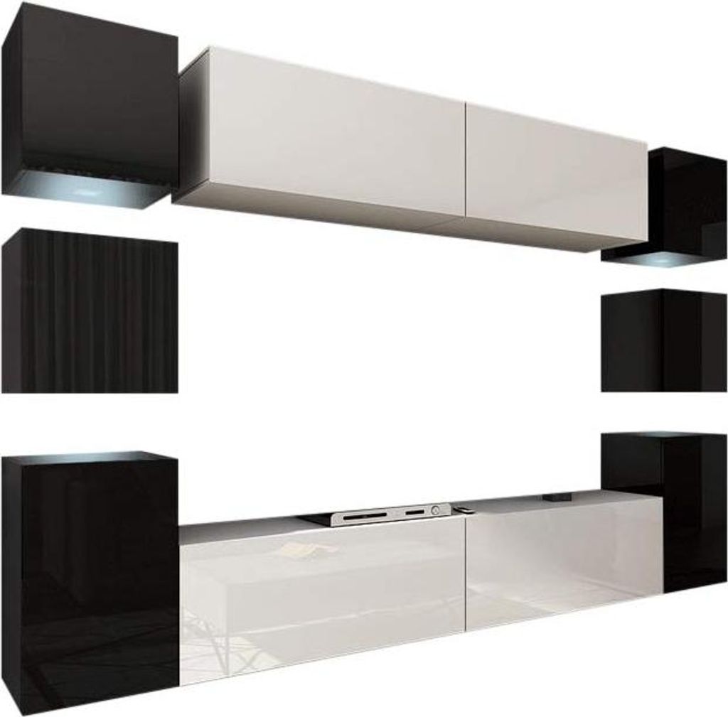 Furnitech Wohnwand Wohnzimmer - Wohnzimmer Möbel mit LED RGB - 16 Farben - Hängend Wohnwand Modern - Regale und TV Schrank (Future 14/HG/BW/6 1A ...