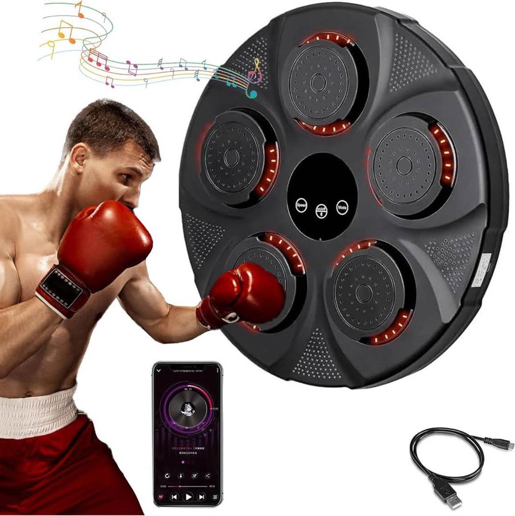 Music Bluetooth Boxing Machine, Elektronische Box mit LED, USB aufladbar, Dekompression, fördert Hand-Auge-Reaktion, Schwarz.