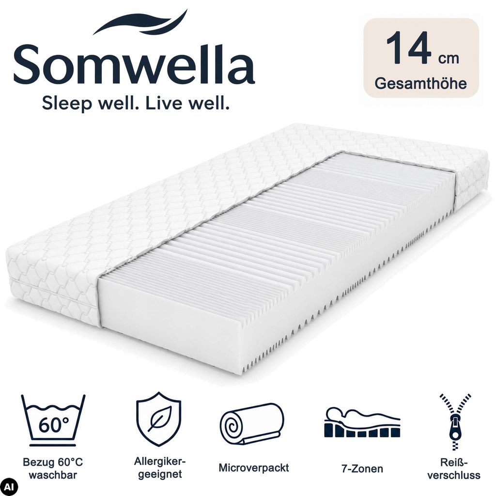 Somwella 7-Zonen-Matratze 14 cm, 90x200 cm, Härtegrad H3, Produktbild 