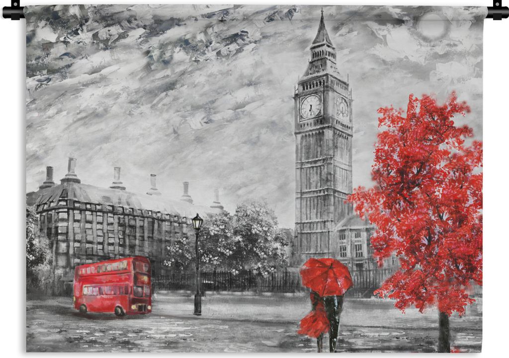 MuchoWow Wandteppich Wandbehang Gemälde - Big Ben - Rot - Regenschirm 60x45 cm Tapisserie Dekoration Wandtuch - Das Schlafzimmer